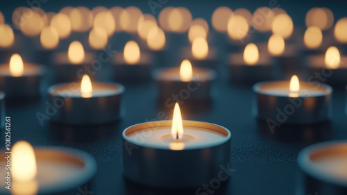 A serene arrangement of softly glowing candles illuminated against a dark background, creating a peaceful and calming atmosphere.