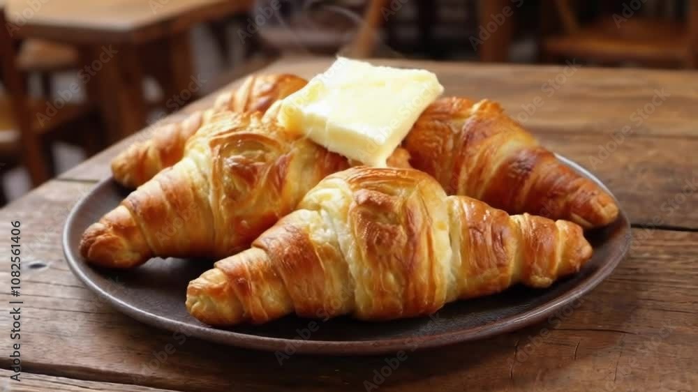 A plate of croissants with butter on top. The croissants are golden brown and arranged neatly on the plate. The butter is spread evenly over the croissants, making them look even more delicious A plate of croissants with butter on top. The croissants are golden brown and arranged neatly on the plate. The butter is spread evenly over the croissants, making them look even more delicious