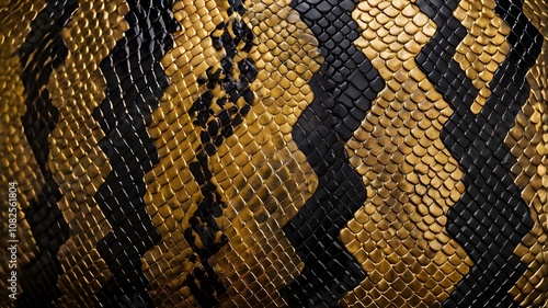 Closeup of dark black and golden snake skin texture. Exotic reptile animal pattern print wallpaper, leather fashion textile natural material, luxury, tropical safari lizard, surface  photo