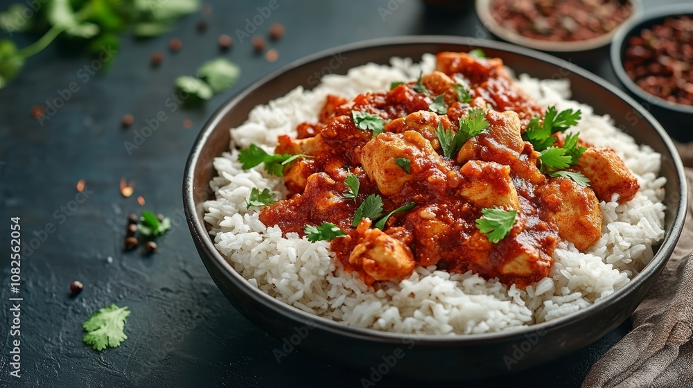 Spicy Indian Masala Chicken with White Rice and Fresh Herbs Spicy Indian Masala Chicken with White Rice and Fresh Herbs