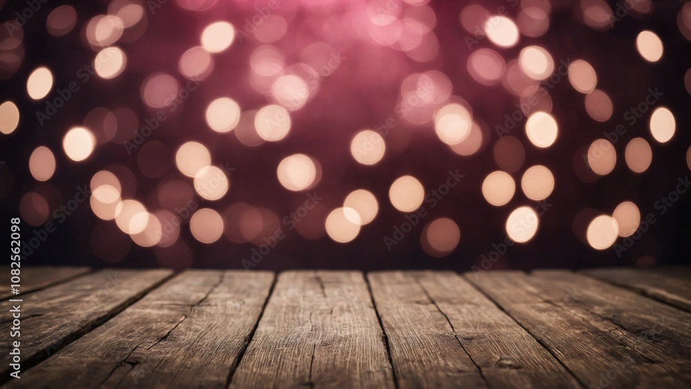 Rustic wood board table surface mockup background with pink bokeh lights Rustic wood board table surface mockup background with pink bokeh lights