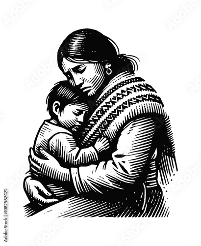 sad native traditional indigenous mother holding her child closely engraving black and white outline