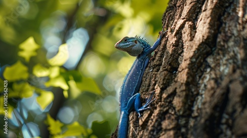 Colorful lizard resting on a tree trunk surrounded by vibrant green leaves in nature.