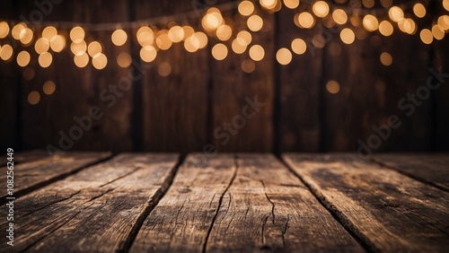 Rustic barn wood board table surface mockup background with gold bokeh lights 