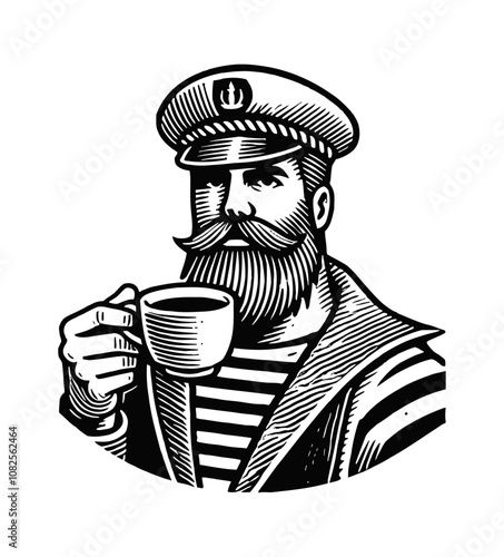 sailor holding a coffee cup engraving black and white outline