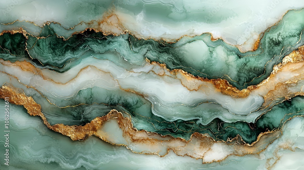 A beautiful abstract design featuring swirling green and white patterns with gold accents. A beautiful abstract design featuring swirling green and white patterns with gold accents.