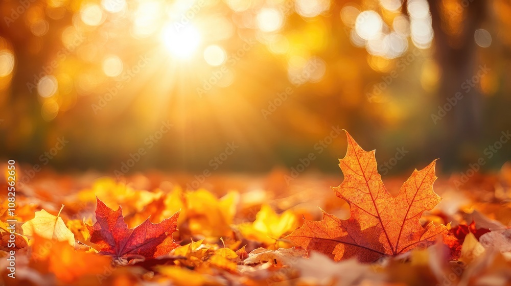 A Beautiful Fall Scene of Vibrant Autumn Leaves Illuminated by the Golden Light of Sunset, Ideal for Themes of Nature's Seasons, Tranquility, Outdoor Beauty, and Autumnal Change A Beautiful Fall Scene of Vibrant Autumn Leaves Illuminated by the Golden Light of Sunset, Ideal for Themes of Nature's Seasons, Tranquility, Outdoor Beauty, and Autumnal Change