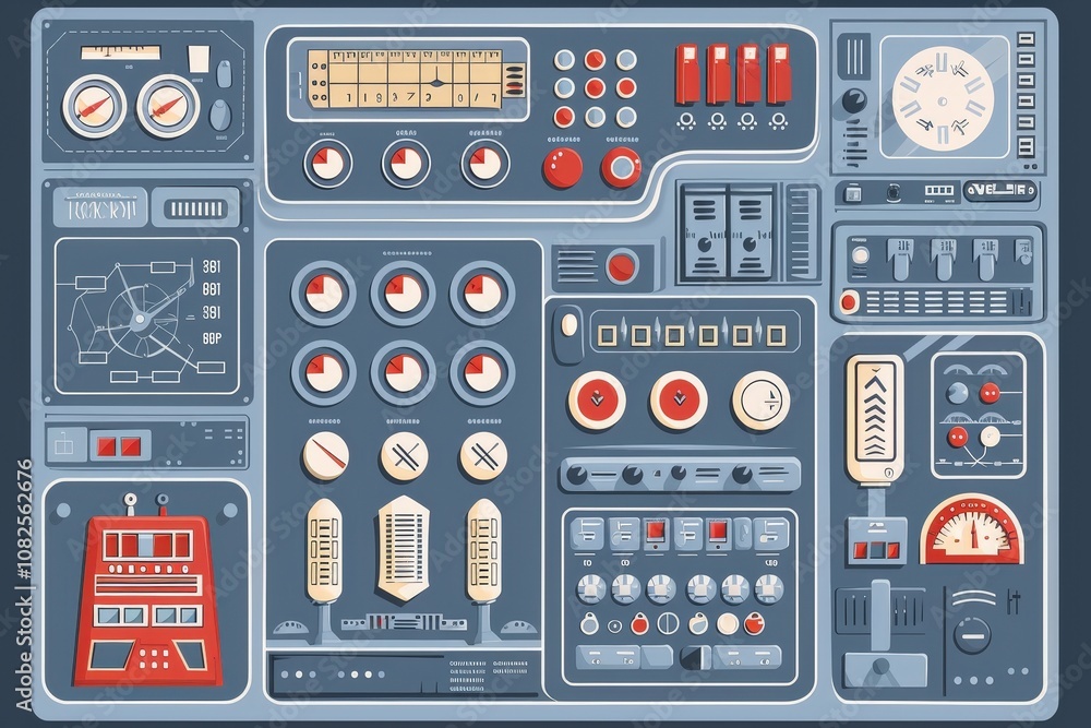 A detailed control panel featuring various dials, switches, and indicators designed in a vintage style with a blue-gray background. A detailed control panel featuring various dials, switches, and indicators designed in a vintage style with a blue-gray background.