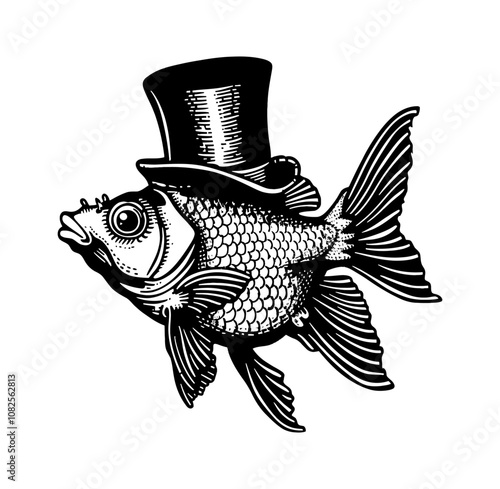 gold fish top hat engraving black and white outline