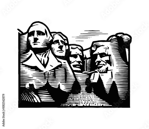 Mount Rushmore National Memorial engraving black and white outline