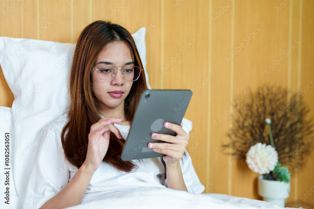 Asian woman in glasses using a tablet in bed, dressed in a comfortable white shirt, fully focused and relaxed, enjoying a peaceful moment in a cozy indoor bedroom setting. Asian woman in glasses using a tablet in bed, dressed in a comfortable white shirt, fully focused and relaxed, enjoying a peaceful moment in a cozy indoor bedroom setting.