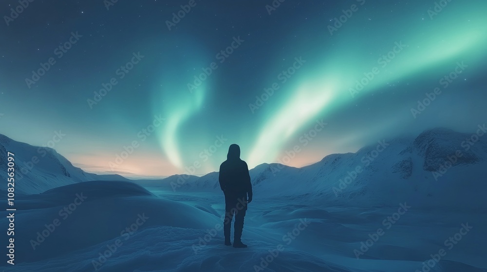 Obraz premium Contemplating Silhouette Illuminated by the Aurora Borealis in a Snowy Mountain Landscape