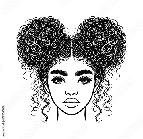 african woman Afro Puff hair engraving black and white outline