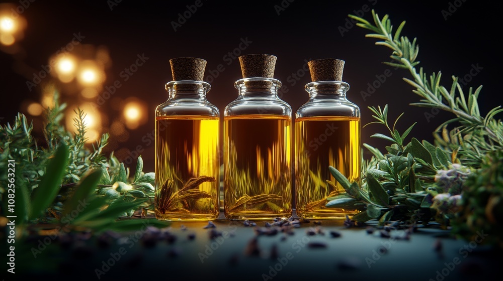 Three Bottles of Essential Oil Surrounded by Fresh Green Herbs on a Wooden Table Three Bottles of Essential Oil Surrounded by Fresh Green Herbs on a Wooden Table