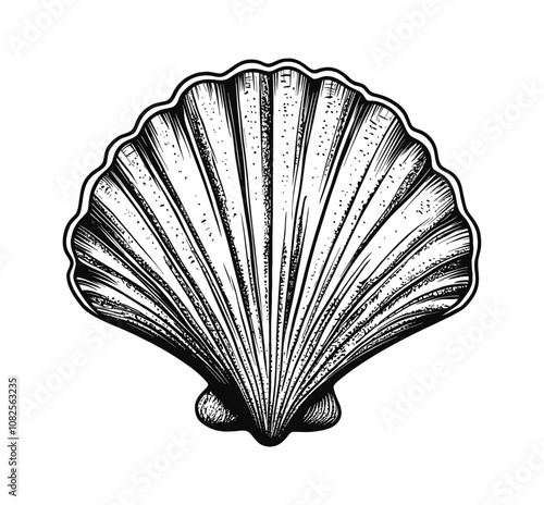 scallop shell engraving black and white outline