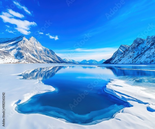 A breathtaking view of snow-capped mountains reflecting in a pristine blue lake, surrounded by untouched white snow, showcasing the tranquility of winter landscapes. photo