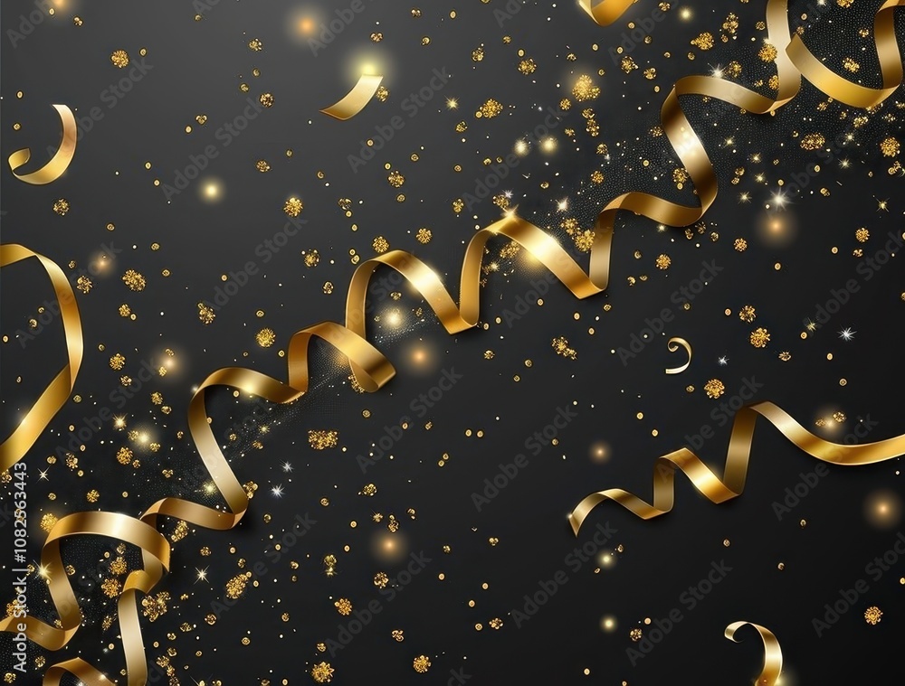 Naklejka premium Gold confetti and ribbons scattered on a transparent background