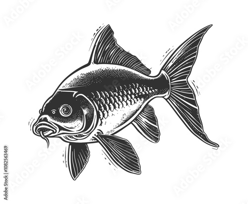 carp fish engraving black and white outline