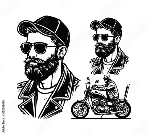 bearded old man in sunglasses and a cap with motorcycle engraving black and white outline