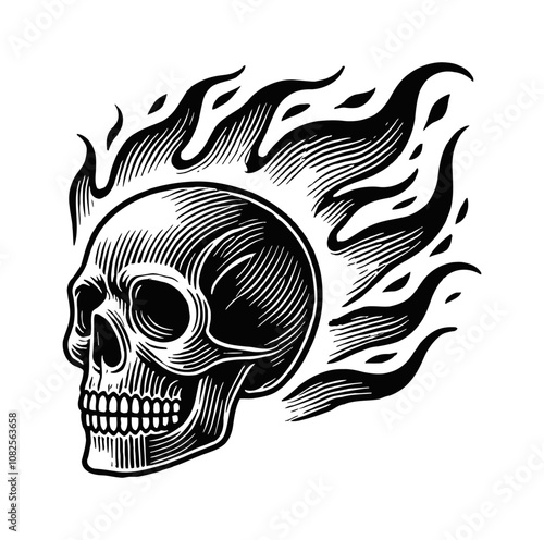 skull fire flame engraving black and white outline