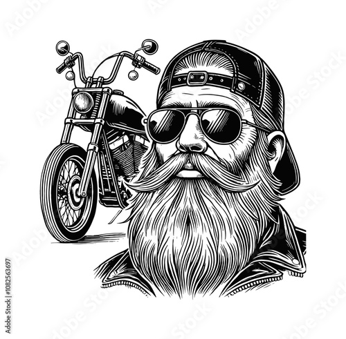 bearded old man in sunglasses and a cap with motorcycle engraving black and white outline