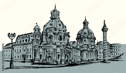 Vector drawing. Sketch of square in Rome.