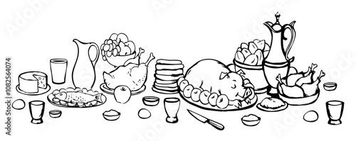 Vector drawing. Tasty food feast