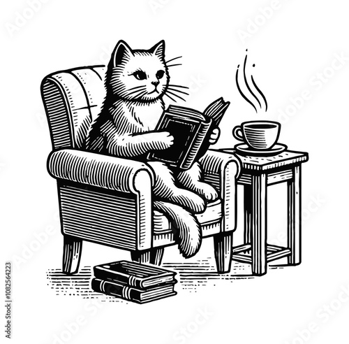 cat read book sofa coffee engraving black and white outline