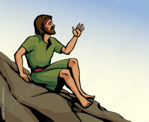 Vector drawing. Man sitting on the rock