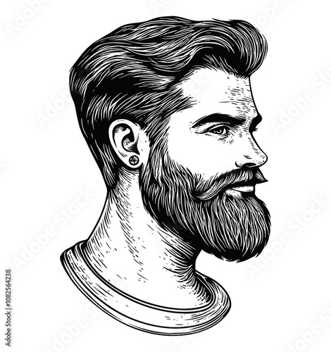 bearded hipster portrait engraving black and white outline