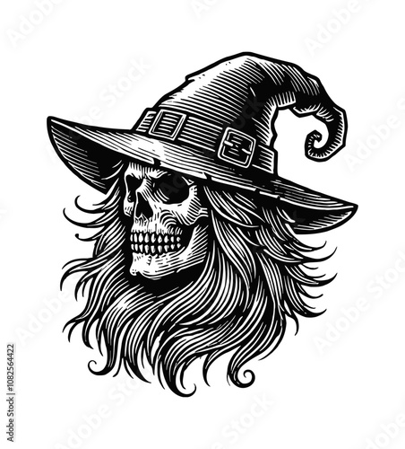 skull witch hat engraving black and white outline