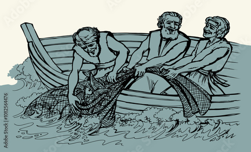 Vector drawing. Three men in the boat