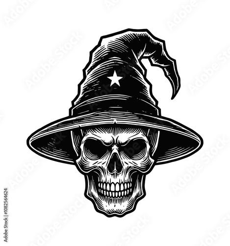 skull sorcerer hat engraving black and white outline