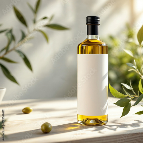 A olive oil concept prepared for mockup, with label on glass of bottle on a light wooden table