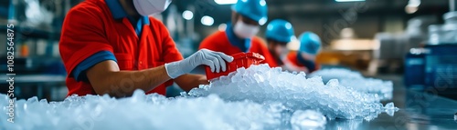 Workers processing materials in a factory environment.