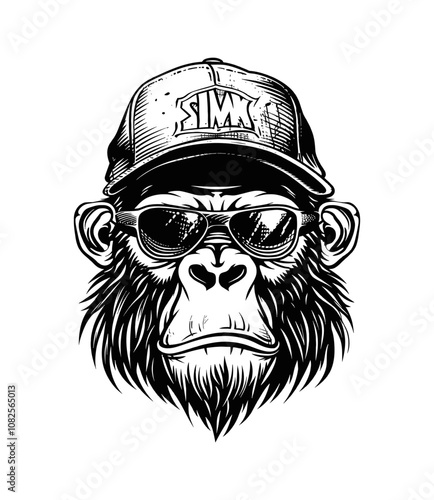 gorilla cap sunglasses engraving black and white outline