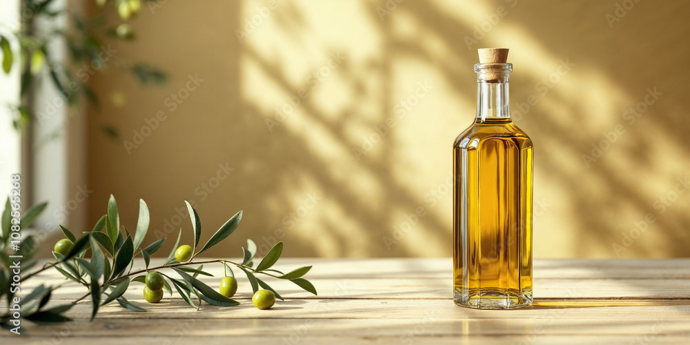 A olive oil concept prepared for mockup, with a glass of bottle on a light wooden table A olive oil concept prepared for mockup, with a glass of bottle on a light wooden table