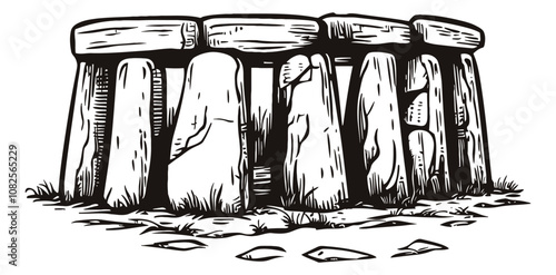 stone henge engraving black and white outline