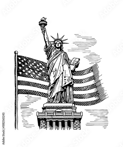 statue liberty engraving black and white outline