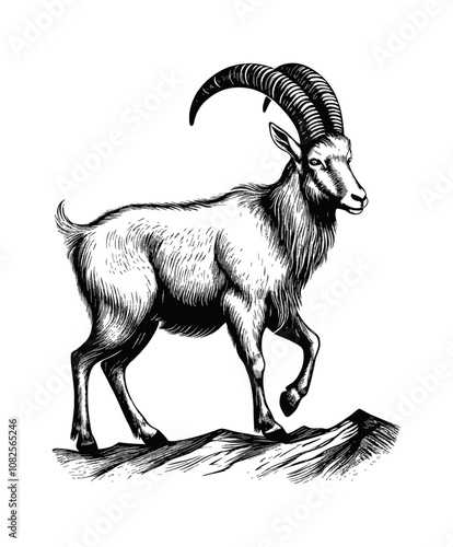 ibex mountain goat engraving black and white outline
