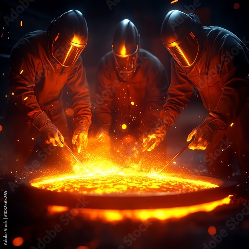 Workers in protective gear molten metal foundry