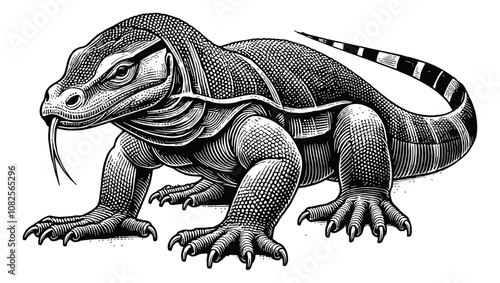 komodo engraving black and white outline