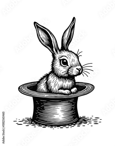 rabbit on magic top hat engraving black and white outline