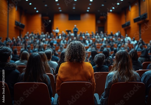 A group of students attentively listening in a large auditorium