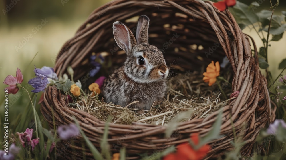 Cute Rabbit in a Flower Basket Surrounded by Nature Cute Rabbit in a Flower Basket Surrounded by Nature