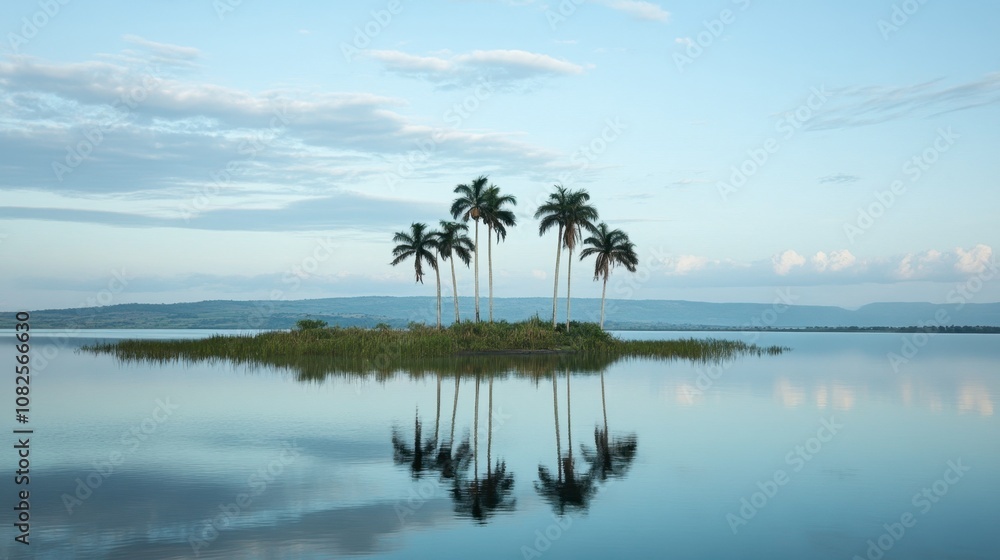 Serene Tropical Isle with Palm Trees Reflected in Water Serene Tropical Isle with Palm Trees Reflected in Water