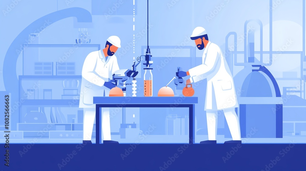 Scientists conducting experiments in a laboratory setting, blue color scheme. Scientists conducting experiments in a laboratory setting, blue color scheme.