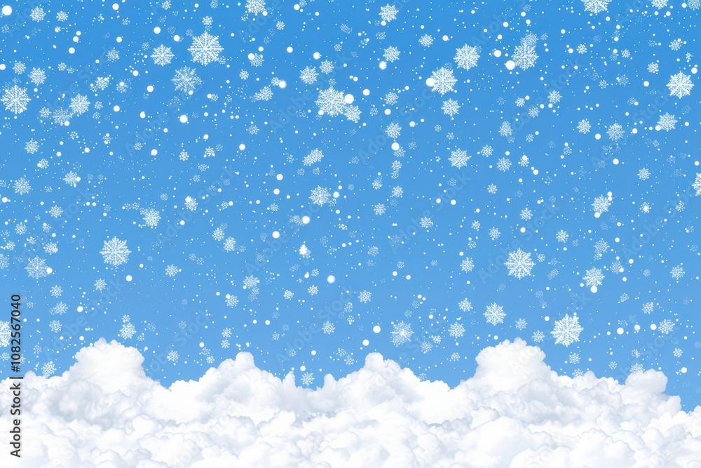 Fototapeta premium A serene winter sky with fluffy white clouds and gently falling snowflakes against a bright blue backdrop.