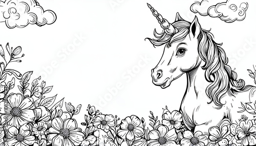 Black and white illustration of a majestic unicorn surrounded by flowers, clouds perfect for coloring books, art projects, or creative designs. photo