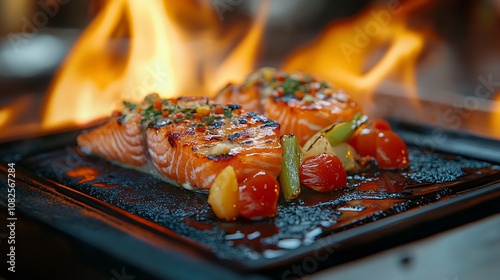 Grilled salmon fillets with vegetables on a hot stone, flames in background. photo